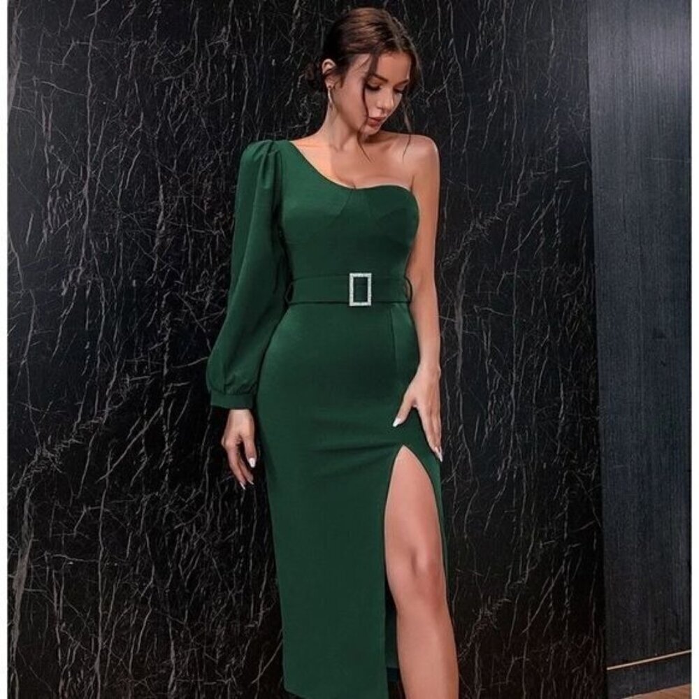 Emerald Green One Shoulder Puff Sleeve Bodycon Midi Dress High Slit